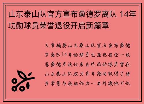 山东泰山队官方宣布桑德罗离队 14年功勋球员荣誉退役开启新篇章