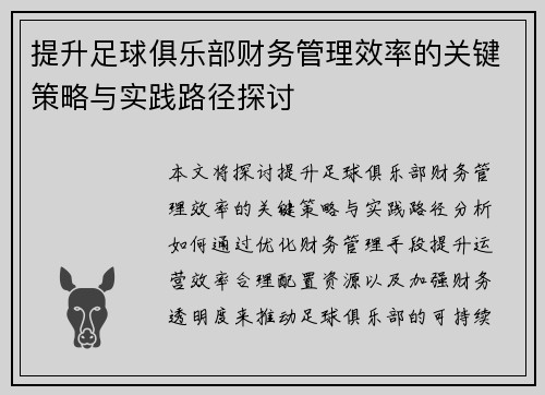 提升足球俱乐部财务管理效率的关键策略与实践路径探讨